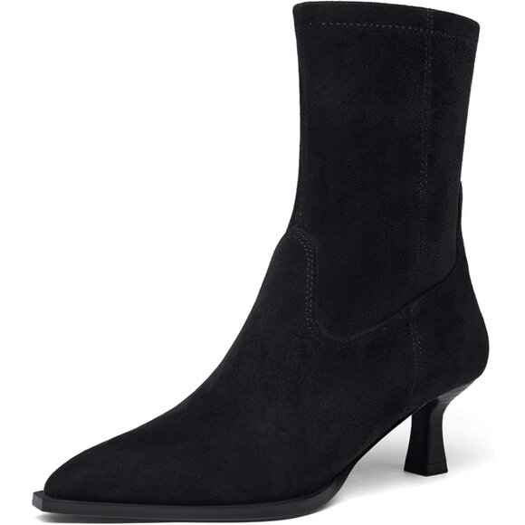 Women's Black Suede Pointed Toe Ankle Boots Stacked Kitten Low Heel Side Zipper - Picture 1 of 6